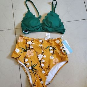 NWT Tropical-Themed High-Waist Bikini Set